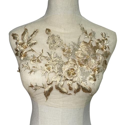 MMvloesy Goldene 3D-Perlenblume zum Aufnähen, bestickte Spitzenapplikation, Hochzeitskleid, Brautkleid, Kopfschmuck, Verzierung, DIY-Aufnäher, Bekleidungszubehör, 30,5 x 25,4 cm von MMvolesy