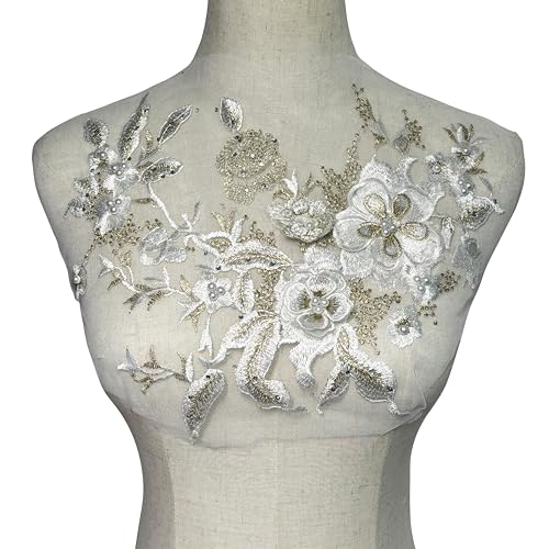 MMvloesy Weiße 3D-Perlenblume zum Aufnähen, bestickte Spitzenapplikation, Hochzeitskleid, Brautkleid, Kopfschmuck, Verzierung, DIY-Aufnäher, Bekleidungszubehör, 30,5 x 25,4 cm von MMvolesy