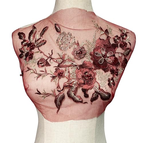 MMvloesy rote 3D-Perlenblume zum Aufnähen, bestickte Spitzenapplikation, Hochzeitskleid, Brautkleid, Kopfschmuck, Verzierung, DIY-Aufnäher, Bekleidungszubehör, 30,5 x 25,4 cm von MMvolesy