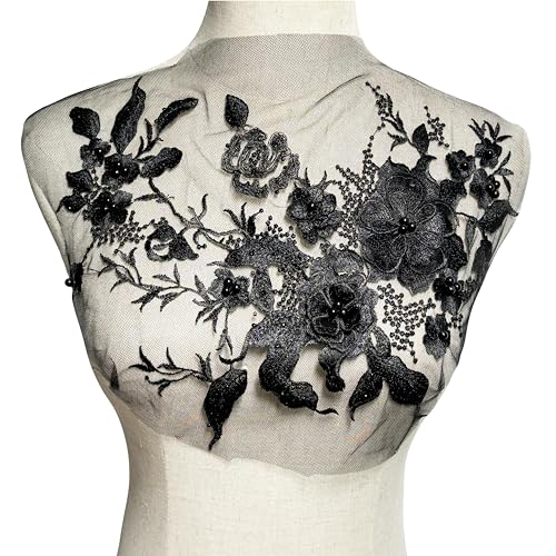 MMvloesy schwarze 3D-Perlenblume zum Aufnähen, bestickte Spitzenapplikation, Hochzeitskleid, Brautkleid, Kopfschmuck, Verzierung, DIY-Aufnäher, Bekleidungszubehör, 30,5 x 25,4 cm von MMvolesy