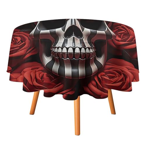 MNBVKL Runde Tischdecke, Totenkopf in Blume, bedruckt, runde Tischdecke, tragbare runde Tischdecke, faltbare Tischdecke von MNBVKL