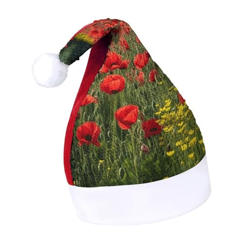 MNBVKL Weihnachtsmütze, Bauernhof, rote Mohnblumen, bedruckte Weihnachtsmütze für Erwachsene, multifunktionale Weihnachtsmütze von MNBVKL