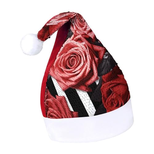 MNBVKL Weihnachtsmütze, Rosen, Blumen, Streifen, bedruckte Weihnachtsmütze, Erwachsenen-Weihnachtsmütze, multifunktionale Weihnachtsmütze von MNBVKL