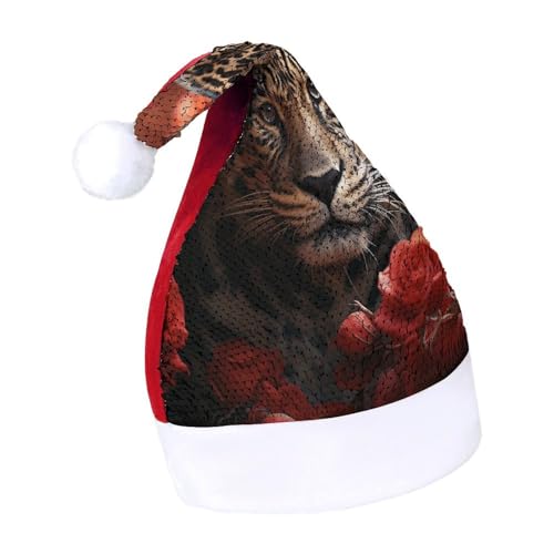 MNBVKL Weihnachtsmütze, rote Rose und Tiger bedruckte Weihnachtsmütze, Erwachsenen-Weihnachtsmütze, multifunktionale Weihnachtsmütze von MNBVKL