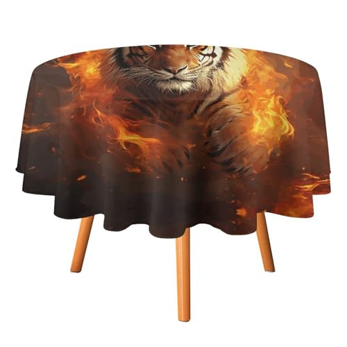 MNVTSKOP Runde Tischdecken mit coolem Tiger in Flamme, bedruckt, Weihnachtstischdecke, waschbar, Erntedankfest, dekorative Tischdecke für Heimdekoration, Partys, Picknick, 127 x 127 cm von MNVTSKOP