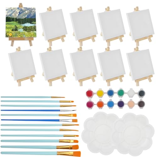 46 Mini Staffelei Klein und Leinwände Set, MOAMUN 10 Mini Staffelei Holz mit 10 Mini Leinwand, 12 Pinsel Acrylfarbe, 12 Acrylfarben Set und 2 Mischpalette, Tischstaffelei Staffelei Kinder für Malerei von MOAMUN