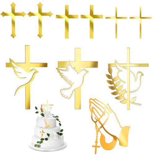 10 Stück Kuchendeko Kreuz Cake Topper Taube Gold Acryl Torte Deko, Tortendeko Taufe, Chillernder Spiegeleffekt Für Hochzeit, Cake Topper Taufe, Tortendeko Kommunion, Taufe Deko Hochzeit,Babyparty von MOAZIFI