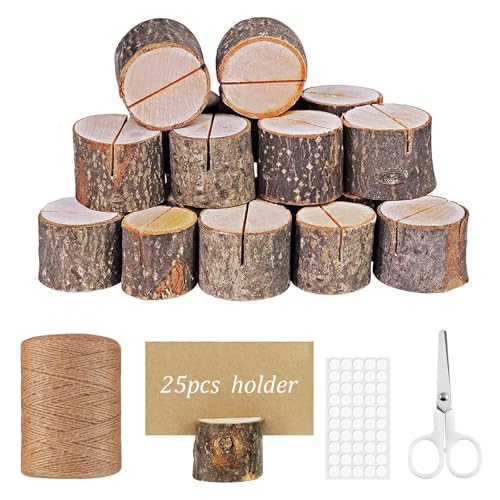 MOAZIFI 25 Stück Kartenhalter Holz, Tischkartenhalter, Tischkartenhalter, Fotohalter, Tischkartenhalter Holz, mit 25 Kraftpapier Tischkarten Und 30 Meter Diy Hanfseil für Kaffeebar, Hochzeits, Foto von MOAZIFI