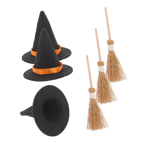 MOBUTOFU 3Er Set Halloween Hexenhut Hexenbesen Basteln Hexendekoration Mini Puppenhut Mini Hexenbesen Hüte Zum Basteln Kleiner Hexenhut Besen Mini Hexenhut Miniatur Hexenhut von MOBUTOFU