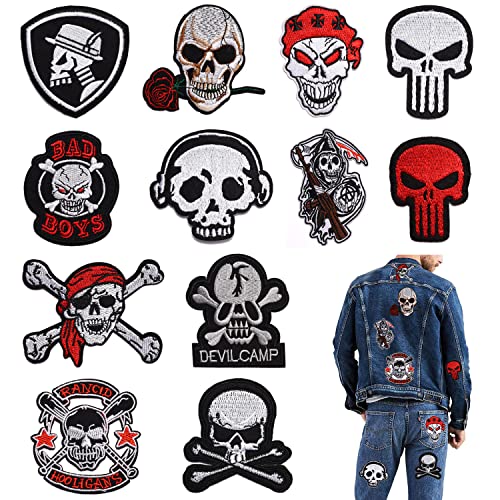 12 Stück Aufnäher Bügelbild Aufbügler Iron on Patches für Kinder Erwachsene Totenkopf Totenkopf Applikation DIY Zubehör zum Aufnähen oder Aufbügeln auf Kleidung Kleider Jeans von MODALI