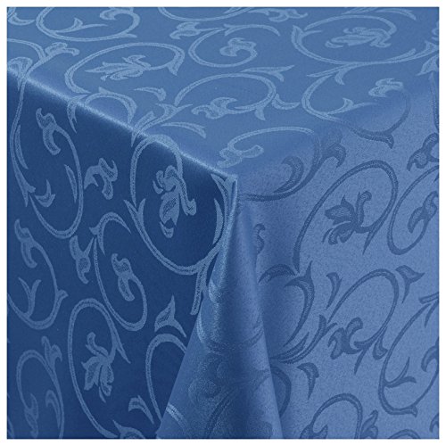 Tischdecke Damast Stoff Barock Tulpen Tischtuch Bügelarm eckig 130x130 cm in Blau mit umgenähtem Rand Premium Qualität von Moderno