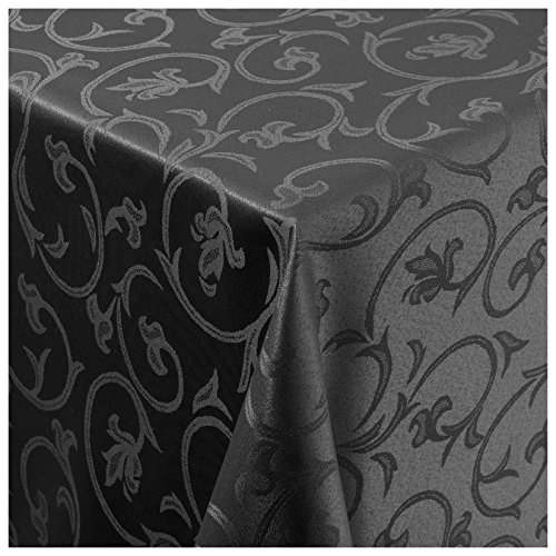 Tischdecke Damast Stoff Barock Tulpen Tischtuch Bügelarm eckig 130x130 cm in Schwarz mit umgenähtem Rand Premium Qualität von Moderno