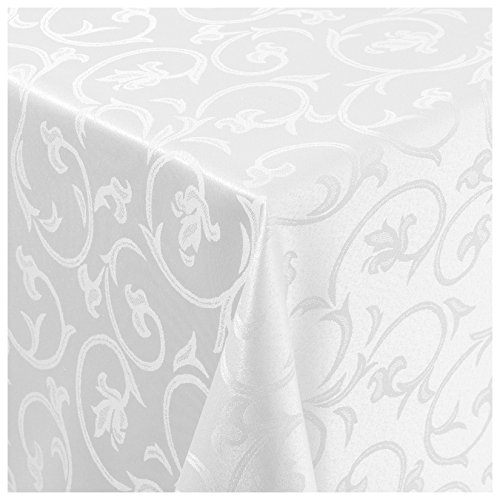 Tischdecke Stoff Damast Barock Jacquard Ranken Design mit Saum eckig 100x100 cm Weiss von MODERNO