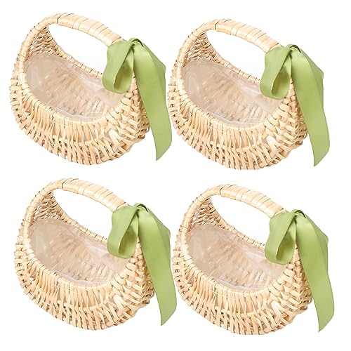 MODUDY 4er-Pack Blumenmädchenkörbe mit Weißem Band, Rustikaler Hochzeitskorb, Halbmondförmiger Weidenkorb, Weiden-Rattan-Korb, Handgewebter Weidenkorb für Hochzeitsbankett, Party(grünes Band) von MODUDY