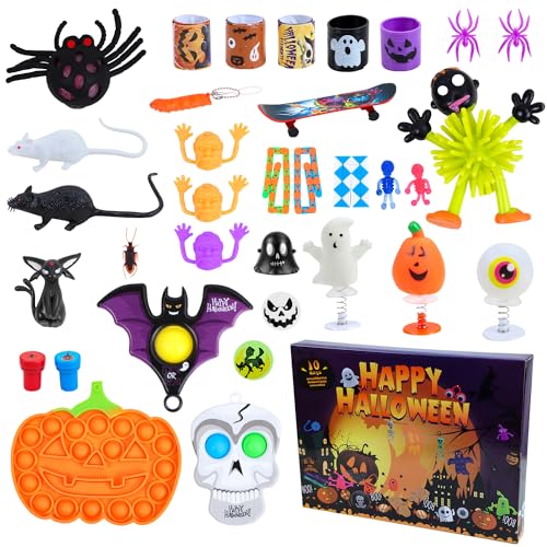 MOEMOE BABY Adventskalender Halloween 2024 Kinder 10 Tage Halloween Spielzeug Überraschungen Countdown Geschenke Allerheiligen Jungen Mädchen 3-12 Jahre 34 Stück Halloween Party Favoriten von MOEMOE BABY