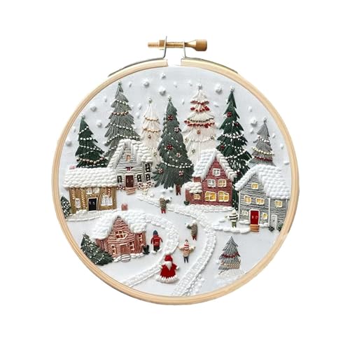 MOFIC Weihnachts-Stickset mit Stickrahmen, einfaches Stickset für Anfänger und Erwachsene, komplettes Stickrahmen-Set mit Nadeln, Faden und Werkzeugen (Feriendorf) von MOFIC