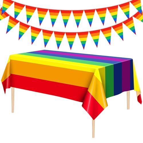 MOGADEE® Gay Pride Regenbogen-Tischdecke, 137 x 274cm Regenbogen Tischdecke, LGBT Party Dekoration, Mit Pride Flagge für Gay-Pride-Party, Sommer, Strand, Kindergeburtstag von MOGADEE