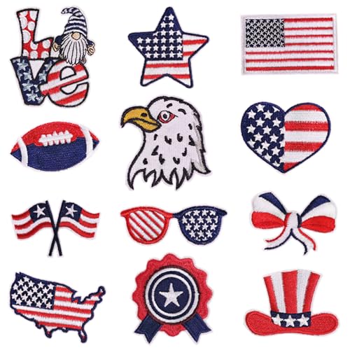12 Stück 4. Juli Unabhängigkeitstag Stickerei Patches Aufbügler Applikation Amerikanische Flagge Sterne patriotische Mode Nähen Patch für Kleidung Nähen Reparatur Hüte Jeans Jacken Dekorationen von MOGOXION