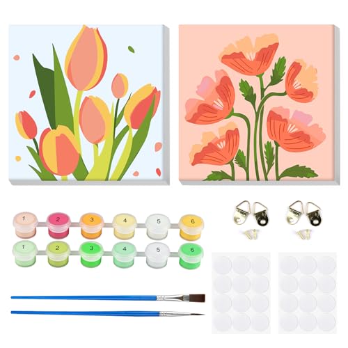 MOGTAA 2 Stück Blume Malen Nach Zahlen Erwachsene mit Rahmen, Malen nach Zahlen Kits für Erwachsen Anfänger, DIY Ölgemälde Leinwand Set Acrylic Malerei Bilder für Home Dekor (20x20cm) von MOGTAA