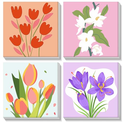 MOGTAA 4 Pack Blumen Malen Nach Zahlen Erwachsene mit Rahmen, Malen nach Zahlen Kits für Kinder MäDchen Jungen, DIY Ölgemälde Leinwand Set Acrylic Malerei Bilder für Home Dekor (20x20cm) von MOGTAA