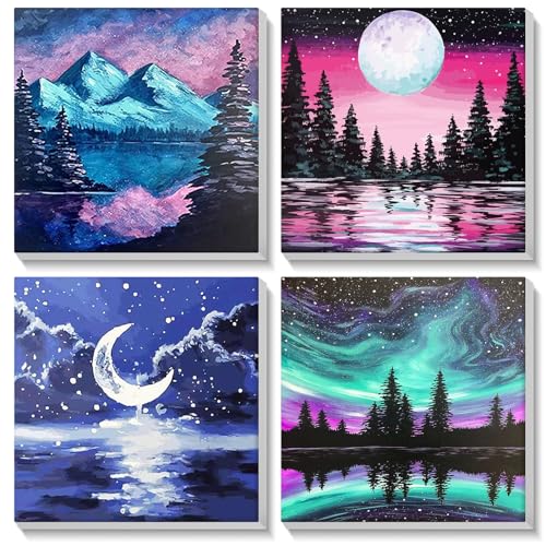 MOGTAA 4 Pack Landschaft Malen Nach Zahlen Erwachsene mit Rahmen, Malen nach Zahlen Kits für Kinder MäDchen Jungen, DIY Ölgemälde Leinwand Set Acrylic Malerei Bilder für Home Dekor (20x20cm) von MOGTAA