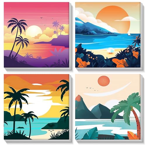 MOGTAA 4 Pack Landschaft Malen Nach Zahlen mit Rahmen, Sonnenuntergang Malen nach Zahlen Kits für Erwachsene Kinder, DIY Ölgemälde Leinwand Set Acrylic Malerei Bilder für Home Dekor (20x20cm) von MOGTAA