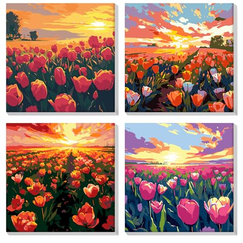 MOGTAA 4 Pack Malen Nach Zahlen Erwachsene mit Rahmen, Blume Malen nach Zahlen Kits für Erwachsen Anfänger, DIY Sonnenuntergang Ölgemälde Leinwand Set für Home Dekor (20x20cm) von MOGTAA