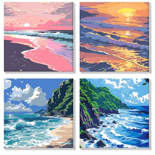 MOGTAA 4 Pack Malen Nach Zahlen Erwachsene mit Rahmen, Landschaft Malen nach Zahlen Kits für Erwachsen Anfänger, DIY Ölgemälde Leinwand Set Acrylic Malerei Bilder für Home Dekor (20x20cm) von MOGTAA