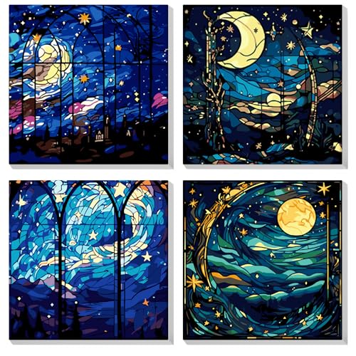 MOGTAA 4 Pack Malen Nach Zahlen Erwachsene mit Rahmen, Landschaft Malen nach Zahlen Kits für Erwachsen Anfänger, DIY Sterne Mond Ölgemälde Leinwand Set für Home Dekor (20x20cm) von MOGTAA