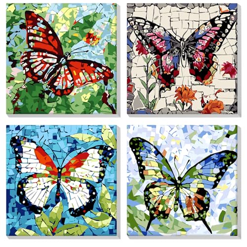 MOGTAA 4 Pack Malen Nach Zahlen Erwachsene mit Rahmen, Schmetterling Malen nach Zahlen Kits für Erwachsen Anfänger, DIY Landschaft Ölgemälde Leinwand Set für Home Dekor (20x20cm) von MOGTAA