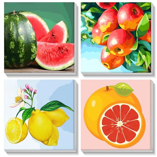 MOGTAA 4 Pack Obst Malen Nach Zahlen Erwachsene mit Rahmen, Malen nach Zahlen Kits für Kinder MäDchen Jungen, DIY Ölgemälde Leinwand Set Acrylic Malerei Bilder für Home Dekor (20x20cm) von MOGTAA