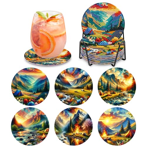 MOGTAA 6 STK Diamond Painting Untersetzer mit Halter, Diamond Painting Landschaft, Diamant Malerei Set Bilder Erwachsene Kinder, DIY Diamant Tassenuntersetzer mit Kork, für Home Dekor von MOGTAA