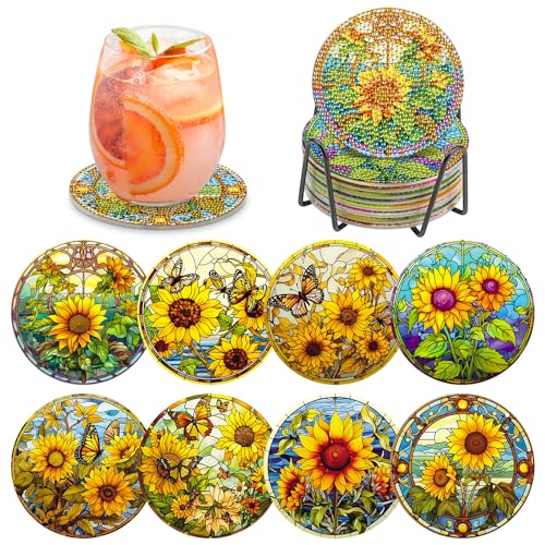 MOGTAA 8 STK Diamond Painting Untersetzer mit Halter, 5D Diamond Painting Sonnenblume, Diamant Malerei Set Bilder Erwachsene Kinder, Landschaft Diamant Tassenuntersetzer mit Kork, für Home Dekor von MOGTAA