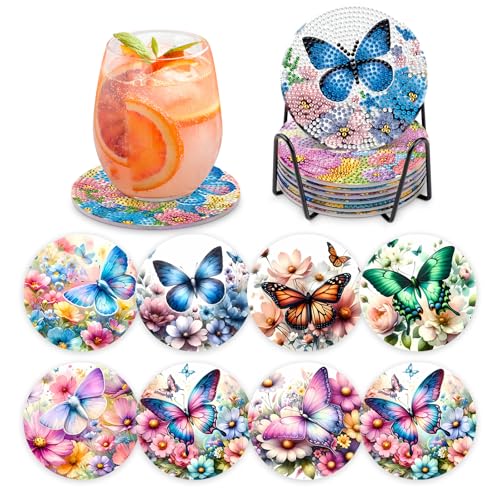 MOGTAA 8 STK Diamond Painting Untersetzer mit Halter, Diamond Painting Bunte Schmetterling, Diamant Malerei Set Bilder Erwachsene Kinder, DIY Diamant Tassenuntersetzer mit Kork, für Home Dekor von MOGTAA