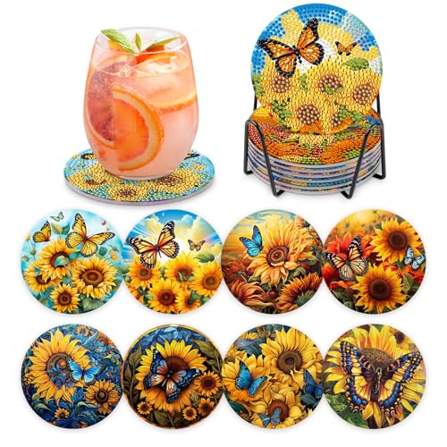 MOGTAA 8 STK Diamond Painting Untersetzer mit Halter, Diamond Painting Sonnenblume, Diamant Malerei Set Bilder Erwachsene Kinder, DIY Diamant Tassenuntersetzer mit Kork, für Home Dekor von MOGTAA