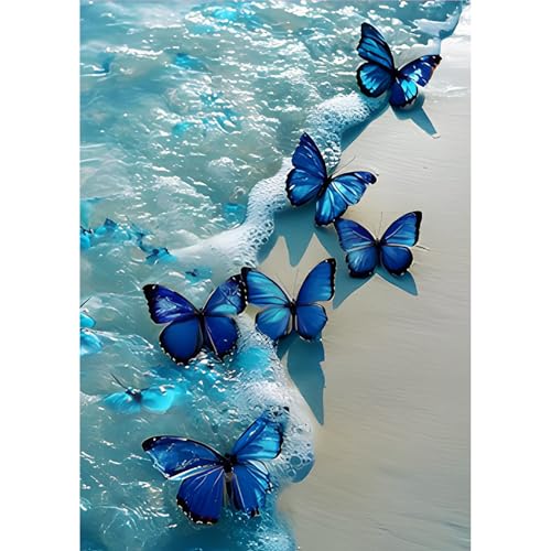 MOGTAA Blau Schmetterling Diamond Painting Erwachsene, 5D am Meer Diamant Painting Bilder Set, DIY Diamond Art Landschaft Diamant Malerei Bilder für Home Dekor 30x40cm von MOGTAA