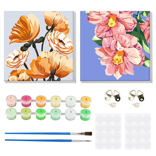 MOGTAA Blume Malen Nach Zahlen Erwachsene mit Rahmen, 2 Stück Malen nach Zahlen Kits für Erwachsen Anfänger, DIY Ölgemälde Leinwand Set Acrylic Malerei Bilder für Home Dekor (20x20cm) von MOGTAA