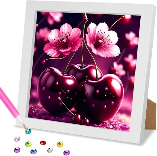 MOGTAA 5D DIY Diamond Painting mit Holzrahmen Blumen, Kirsche Diamant Painting Bilder Set, Full Drill Diamant Malerei für Kinder Mädchen Jungen, Arts Craft für Home Wand Decor 18 x 18cm von MOGTAA