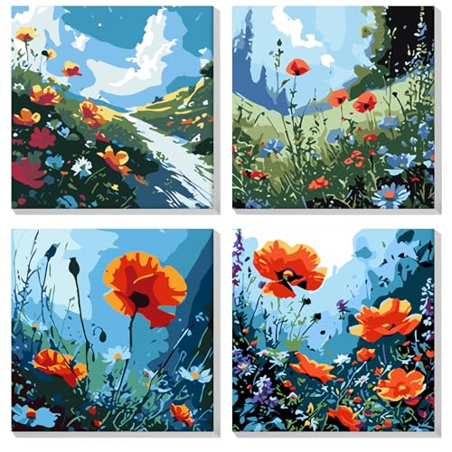 MOGTAA Landschaft Malen Nach Zahlen Erwachsene mit Rahmen, 4 Pack Malen nach Zahlen Kits für Erwachsen Anfänger, DIY Ölgemälde Leinwand Set Acrylic Malerei Bilder für Home Dekor (20x20cm) von MOGTAA