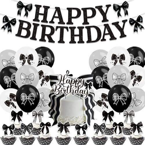 Schleife Geburtstag Party Dekoration Schwarz Schleife Luftballons Happy Birthday Banner Schwarz Schleifen Cupcake Toppers von MOHYS