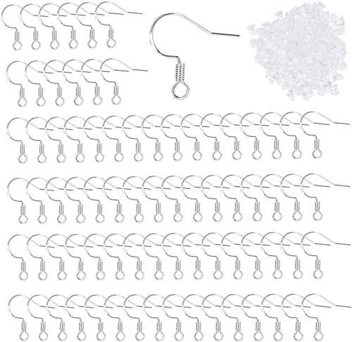 MOLENCO 100 Stück Ohrring Haken, Ohrringe Selber Machen Set, 925 Sterling Silber Ohrhaken mit 120 Silikon Ohrring Stopper, Ohrringe Basteln für DIY Ohrhänger Schmuckherstellun (Silber) von MOLENCO