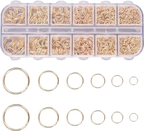 MOLENCO Gold Biegeringe, Spaltringe 4mm bis 10mm, 1200 Stk Offene Biegeringe, Metall Kettenringe, Vergoldete Sprungringe, Jump Rings, Geeignet für DIY Halskette, Armband Schmuckherstellung von MOLENCO