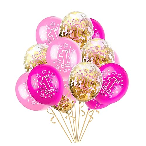 MOLUCKFU 15 Stück 12 Zoll Latexballons Bedruckte Aufblasbare Ballons Babyparty 1 Jahr Alt Geburtstagsfeier Deko Rosa + Gold Inkl Farbband von MOLUCKFU