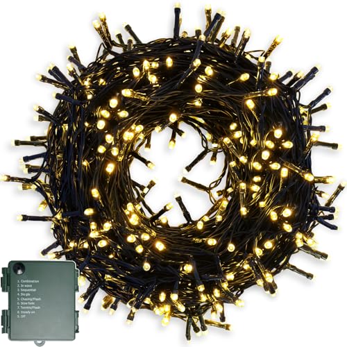 Lichterkette Batterie 200LEDs 20m LED Lichterkette Außen und Innen mit Timer, 9 Modi Lichterketten Batteriebetrieben für Weihnachten, Garten, Partys, Grünes Kabel Wasserdichte, Warmweiß von MOLVCE