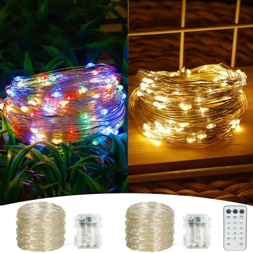 MOLVCE Lichterkette Batterie 2 Stück, 100LED 10Meter Silbernedraht Micro Lichterkette Batterie mit 12 Modi, Fernbedienung und Timer, Led Lichterkette für Weihnachten, Garten, Party, Multicolor von MOLVCE