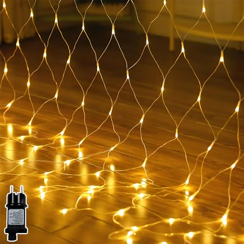 MOLVCE Lichternetz Außen 1.5x1.5M 100 leds, Lichtvorhang mit 9-Modi-Stecker, Timer und Speicherfunktion, Erweiterbar IP44 Wasserdichtes Lichternetz für Gärten, Räume, Balkon, Büsche, Party, Warmweiß von MOLVCE