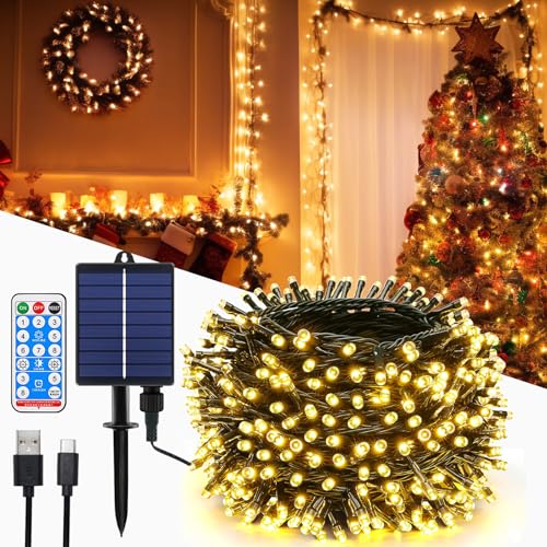 MOLVCE Solar Lichterkette Aussen 10m 100LED, Lichterkette Solar mit Fernbedienung, 8 Modi, Timer, USB-betrieben, Dimmbar Solarlichterkette Wetterfest für Balkon Hochzeit Weihnachten Deko, Warmweiß von MOLVCE