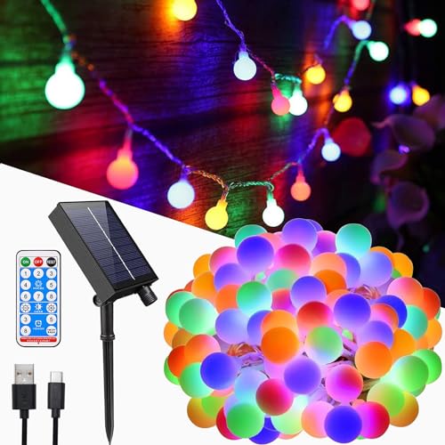 MOLVCE Solar Lichterkette Aussen Kugeln 5m 50LED, Solar Lichterkette mit Fernbedienung, 8 Modi, Timer, USB-betrieben, Dimmbar Solarlichterkette Wetterfest für Balkon Hochzeit Weihnachten, Bunt von MOLVCE