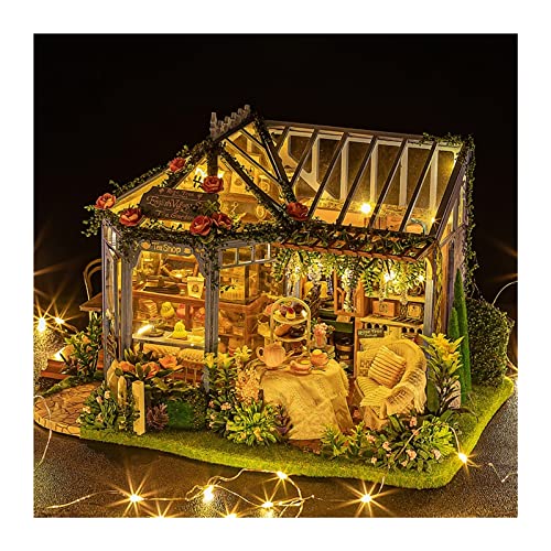 Mini-Puppenhaus-Bausatz, DIY-Zusammenbau eines kleinen Miniaturhauses mit Spieluhr, für Geburtstagsgeschenke für Kinder (Rosengarten-Teehaus, handgefertigtes Cottage) (Farbe: Rosengarten-Upgrade) (Ros von MOLVUS