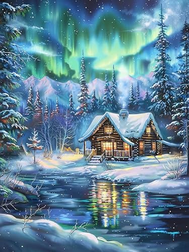 MOMAKA 5D Diamond Painting Kits Aurora,für Erwachsene, DIY Diamant Malerei Full Drill Set Winterhaus, Runde Diamant Arts Craft Cross Stickerei Malerei Kits für die Home Wanddekoration 30x40cm-57 von MOMAKA